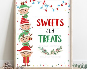Letrero de dulces y golosinas de elfos, letrero de elfos adorables, letrero para fiesta infantil de elfos, letrero para fiesta navideña de elfos, letrero para mesa de postres navideños, descarga instantánea imprimible