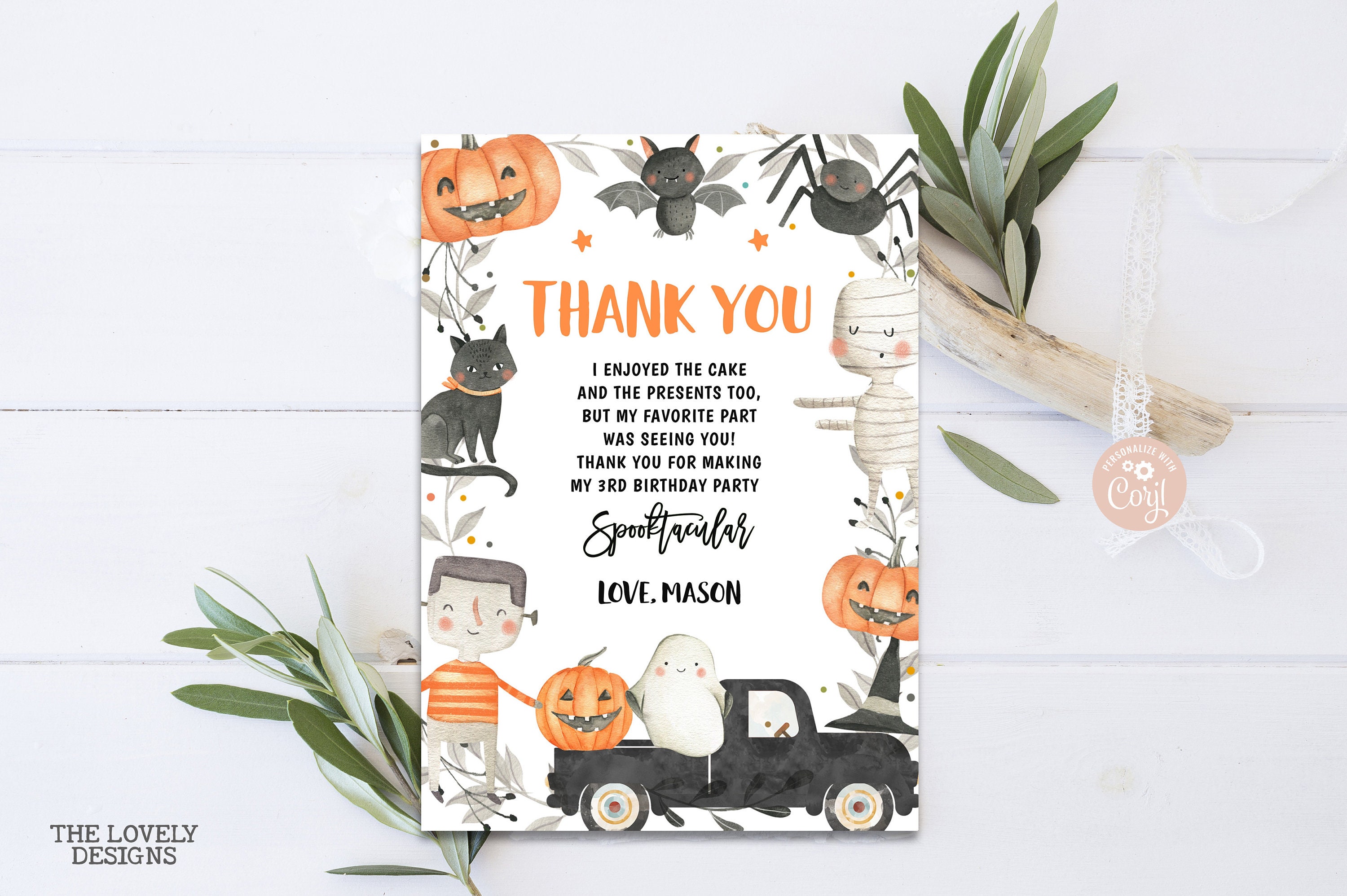 EDITABLE Halloween Thank You Card Halloween Birthday Cards Pumpkin Cute ...