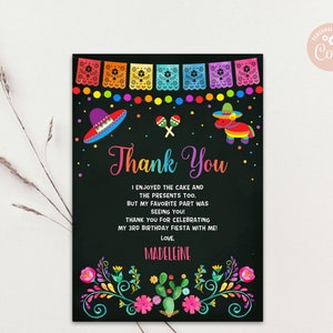 Cartão de agradecimento EDITÁVEL Piñata Fiesta Pinata Fiesta Aniversário de menina Cartão quadro-negro Fiesta Cartão mexicano Festa Cinco de Mayo DOWNLOAD PARA IMPRESSÃO