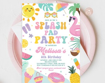 May include: A colorful invitation for a "Splash Pad Party" to celebrate Melissa's 8th birthday. The invitation features a pink flamingo float, a sun, sunglasses, a watermelon, a pineapple, a donut, an ice cream cone, and a beach bag. The text on the invitation reads "Join us for a Splash Pad Party to celebrate Melissa's 8th Birthday. Saturday, June 22nd at 4PM. Melissa's House. 123 Pinecrest Street, Rome, RM 54321. RSVP to Meghan at 555.432.1234 OP 2. Don't forget your swimsuit and towel."