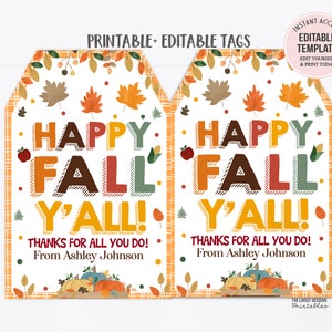 Happy Fall Y&#39;all Gift Tags: Editable Autumn Thank You (Digital Download)