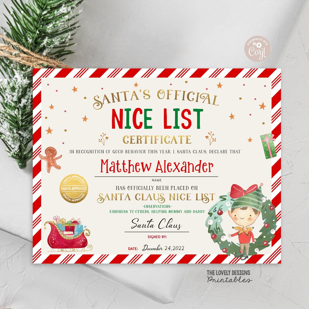 Editable Santa Claus Official Nice List Certificate Elf Letter From ...