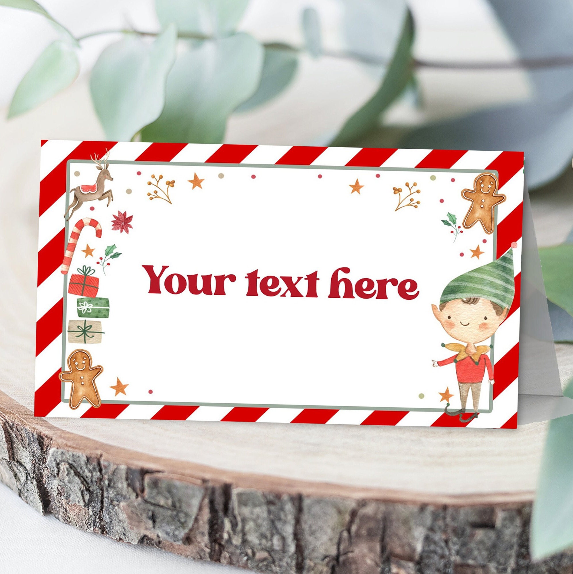 Plantillas editables para tarjetas de lugar navideñas, tarjetas festivas, mesas de cena, asientos, carpas plegables, bufé plegable, etiquetas de comid