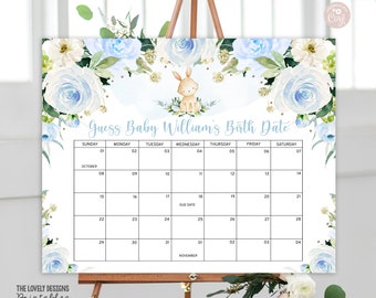 May include: A blue and white floral baby shower sign with a calendar for guests to guess the baby's birth date. The calendar is for October and November with the due date marked on the 18th. The sign says "Guess Baby William's Birth Date".
