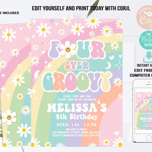 EDITABLE Four Ever Groovy Invitation Daisy Groovy 4th Birthday Rainbow ...