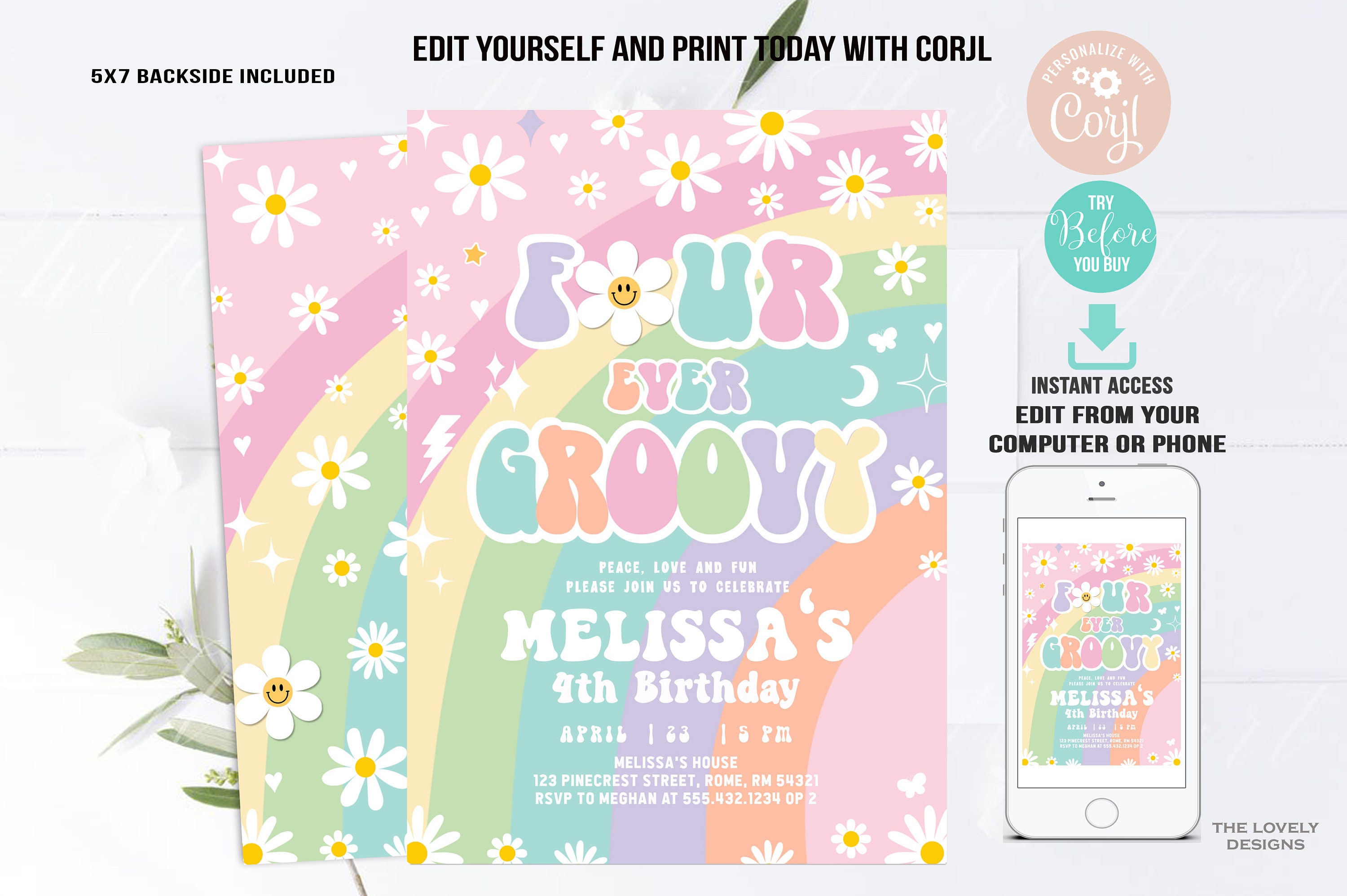 EDITABLE Four Ever Groovy Invitation Daisy Groovy 4th Birthday Rainbow ...