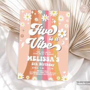 Editable Groovy 5th Birthday Invitation: Retro Daisy Rainbow (Printable Download)