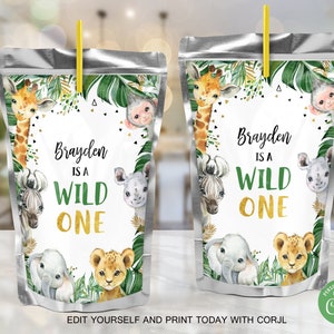 May include: Two silver juice pouch labels with a jungle theme. The labels feature a giraffe, zebra, rhino, elephant, lion, and monkey. The text on the labels reads "Brayden is a Wild One".