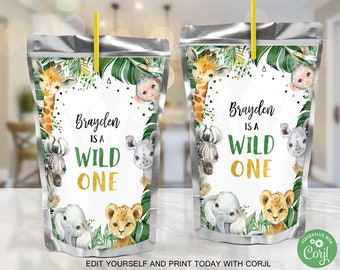 May include: Two silver juice pouch labels with a jungle theme. The labels feature a giraffe, zebra, rhino, elephant, lion, and monkey. The text on the labels reads "Brayden is a Wild One".