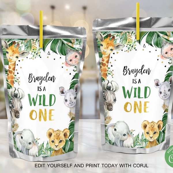 EDITABLE Jungle Wild One Capri Sun Label Jungle Boy 1st Birthday Party Safari Animals Zoo Label Jungle Neutral Juice Bags PRINTABLE DOWNLOAD