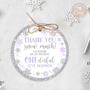 EDITABLE Winter ONEderland Gift Tag 2.5" Winter Birthday Snow Much Favor Tag Snowflakes Lavender Purple Circle Tags PRINTABLE DOWNLOAD SWL6