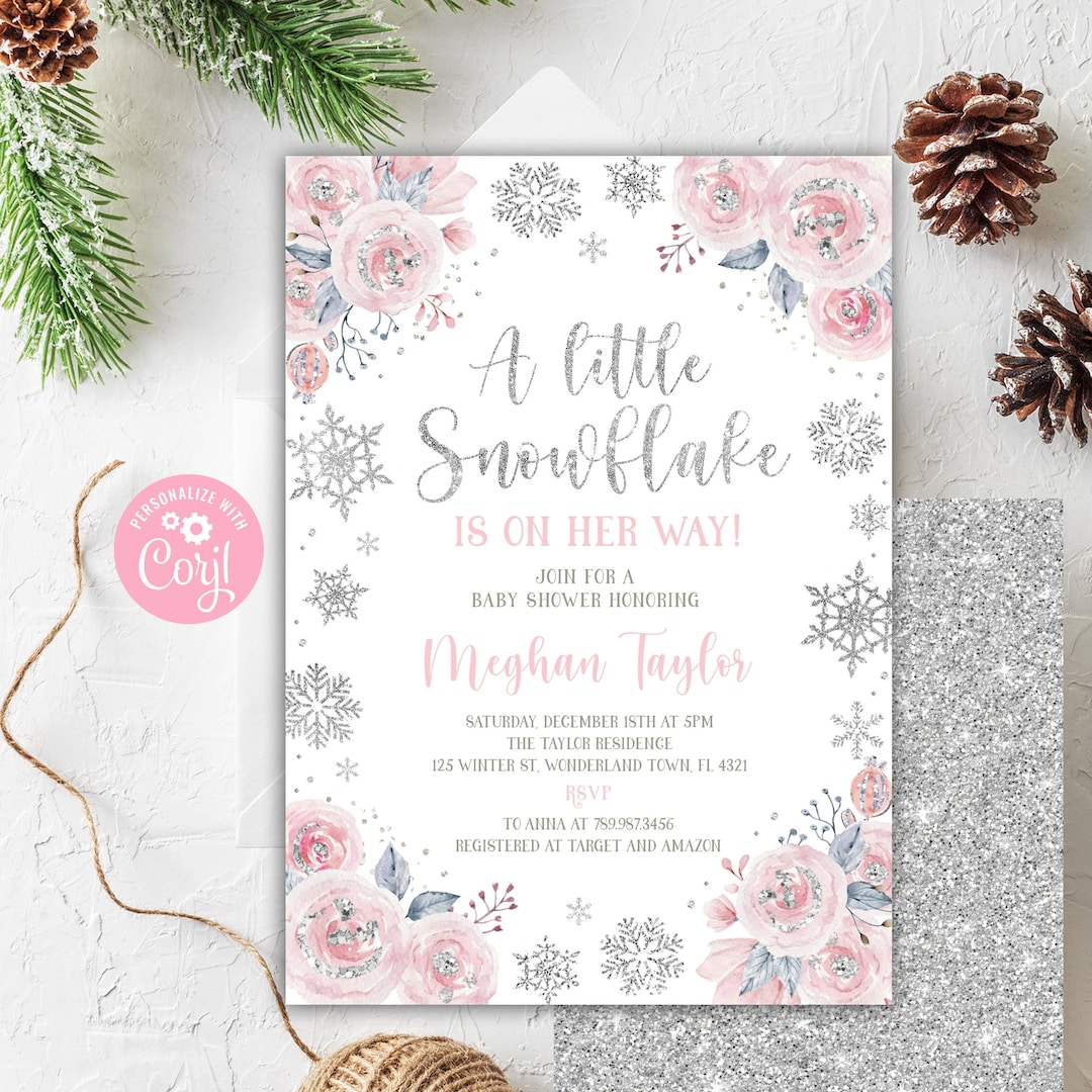 EDITABLE Winter Baby Shower Invitation Snowflakes Pink Invite Winter ...