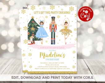May include: A printable invitation for a 5th birthday party with a Nutcracker theme. The invitation features a gold glitter background with snowflakes, a Christmas tree, a ballerina, a Nutcracker, and a fairy. The text on the invitation reads "Let's get this party cracking!" and "Join us in the land of sweets to celebrate Madeline's 5th birthday".