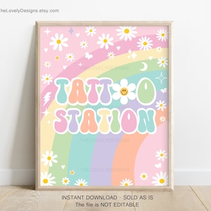 Daisy Groovy Birthday Party Tattoo Station Sign Groovy Rainbow Pink Purple Mint Retro Hippie 70&#39;s Festival Vibes Party INSTANT DOWNLOAD GRP8