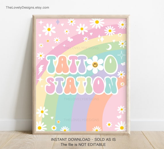Daisy Groovy Birthday Party Tattoo Station Sign Groovy Rainbow Pink Purple Mint Retro Hippie 70's Festival Vibes Party INSTANT DOWNLOAD GRP8