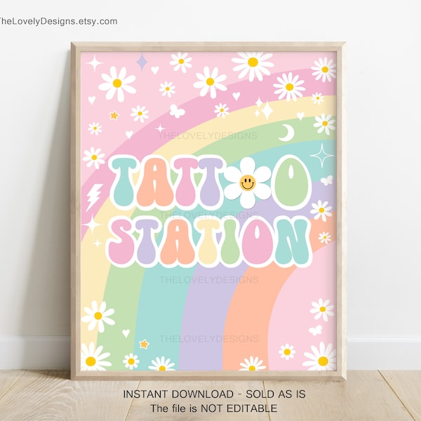 Daisy Groovy Birthday Party Tattoo Station Sign Groovy Rainbow Pink Purple Mint Retro Hippie 70's Festival Vibes Party INSTANT DOWNLOAD GRP8