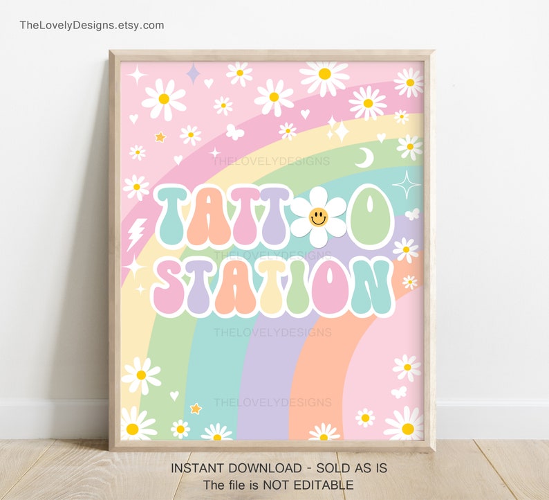 May include: A printable sign with a rainbow background and a daisy pattern. The text "TATTOO STATION" is in a retro font with pastel colours.