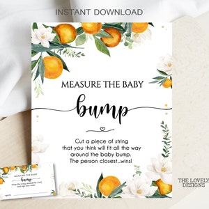 Puede incluir: Tarjeta de juego de baby shower imprimible con diseño floral naranja y blanco. La tarjeta dice "Mide la pancita del bebé" e incluye instrucciones para cortar un trozo de cuerda para medir la pancita del bebé.