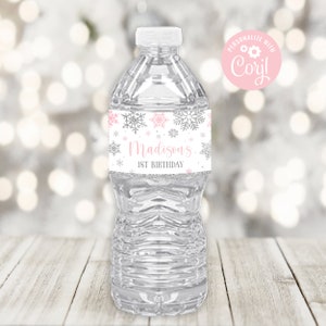 EDITABLE Winter Water Bottle Label Winter Birthday Labels Snowflakes Pink and Silver Winter Party Wonderland Bottle Label PRINTABLE DOWNLOAD