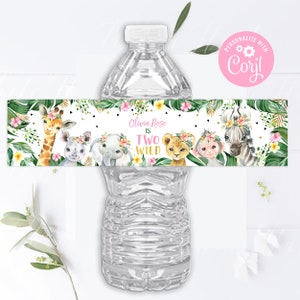 Bewerkbare TWEE Wild Waterfles Label Jungle Girl 2e Verjaardagsfeestje Safari Dieren Fles Labels Safari Verjaardagslabel AFDRUKBARE DOWNLOAD
