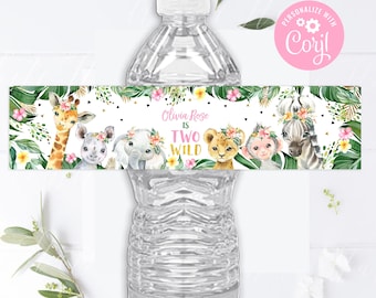 Editable TWO Wild Water Bottle Label Jungle Girl 2nd Birthday Party Safari Animals Bottle Labels Safari Birthday Label PRINTABLE DOWNLOAD