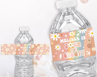 Editable Four Ever Groovy Bottle Label Groovy 4th Birthday Daisy Rainbow Retro Hippie 70's Party Water Bottle Label PRINTABLE DOWNLOAD GRM4