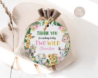 Editable Two Wild Jungle Favor Tag Birthday Jungle Girl Birthday Safari Zoo Animals Thank You Tag Jungle 2nd Birthday Tag PRINTABLE DOWNLOAD