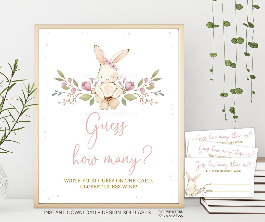 How Many Sign Visual Guess How Many Sign Bunny Baby Shower Activity Bunny Easter Pink Floral ...