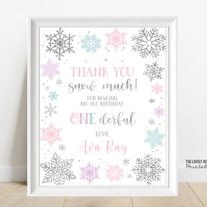 EDITABLE  Winter Wonderland Thank you Snow Much Sign Winter Snowflakes Pink Purple Teal Winter Birthday Party Sign PRINTABLE DOWNLOAD SW3C