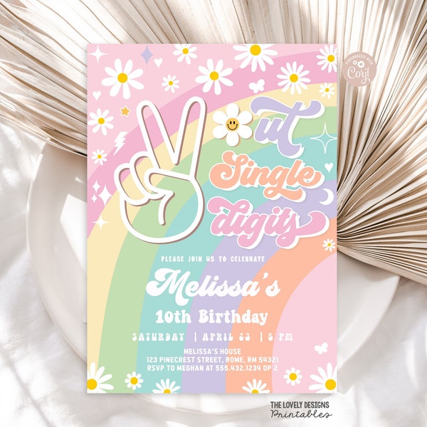 Daisy Groovy 10th Birthday Peace Out Single Digits Invitation Groovy Rainbow Pink Purple Mint Hippie 70's Party Fun PRINTABLE DOWNLOAD GRP8