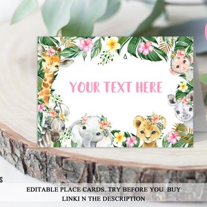 Etiqueta de tienda de comida de la jungla editable Tarjeta de lugar de cumpleaños de niña de la jungla Animales de safari Baby Shower Etiqueta de comida de la jungla Dos salvajes Uno IMPRIMIBLE DESCARGAR