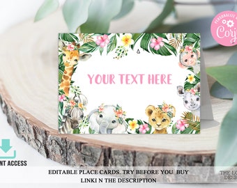 EDITABLE Jungle Food Tent Label Jungle Girl Birthday Place Card Safari Animals Baby Shower Jungle Food Label Two Wild One PRINTABLE DOWNLOAD