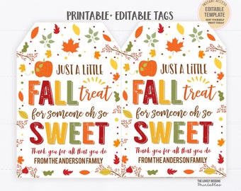 Può includere: Due etichette regalo stampabili a tema autunnale con sfondo bianco e foglie autunnali colorate. Il testo recita "Solo un piccolo regalo autunnale per qualcuno così dolce. Grazie per tutto quello che fai dalla famiglia Anderson."