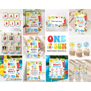 ONE in the Sun Birthday Bundle, Editable Pool Party Beach Summer Tropical 1st Birthday Theme Party Template Package, Editable Download