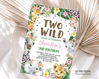 Editable DOS invitación de cumpleaños con estampado de leopardo salvaje Estampado de leopardo invitar a nacer dos animales de safari salvajes invitar DESCARGAR IMPRIMIBLE JLP3