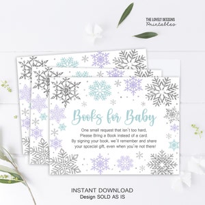 Puede incluir: Un montón de tres tarjetas de invitación para baby shower con un tema de copo de nieve. Las tarjetas presentan copos de nieve plateados con purpurina, azul claro y lavanda. El texto "Books for Baby" se muestra en una fuente azul suave.