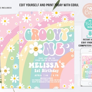 EDITABLE Groovy One Invitation Daisy Groovy 1st Birthday Rainbow Pink ...