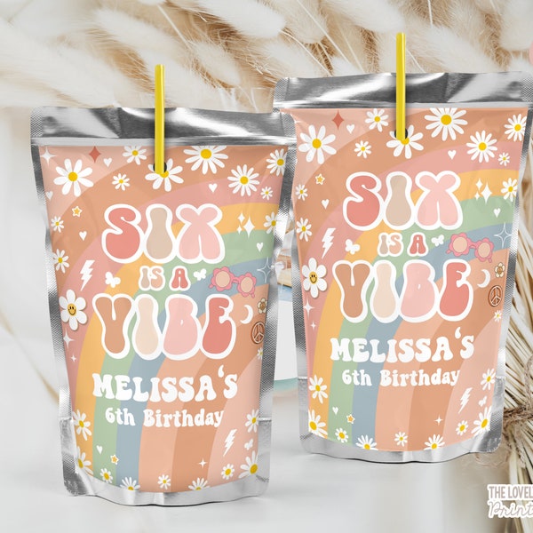 EDITABLE Six is a Vibe Groovy Juice Pouch Label Groovy 6th Birthday Juice Label Daisy Rainbow Hippie Retro 70s Party PRINTABLE DOWNLOAD GRM4