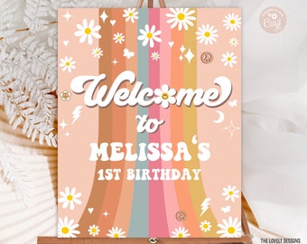 Peut inclure: Affiche de bienvenue au 1er anniversaire de Melissa avec un arc-en-ciel, des marguerites et des signes de paix sur un fond rose.