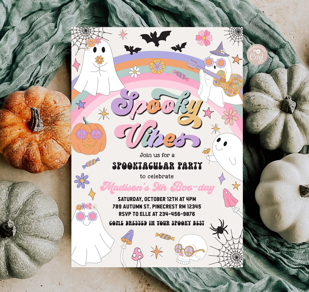 EDITABLE Spooky Vibes Invitation Halloween Groovy Birthday Cute Ghost ...