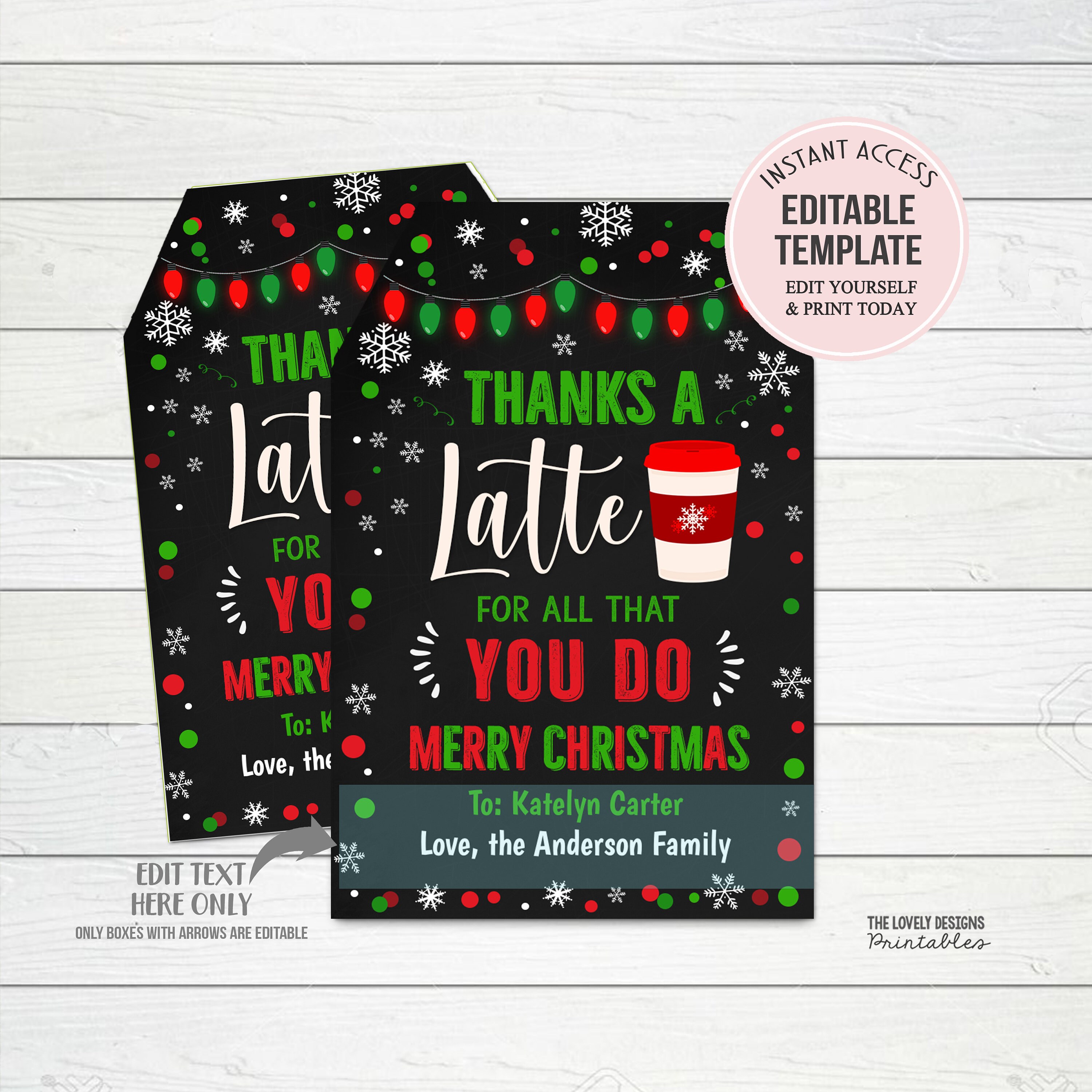 Thanks a Latte Christmas Gift Tags Printable Gift Card Holder Holiday ...