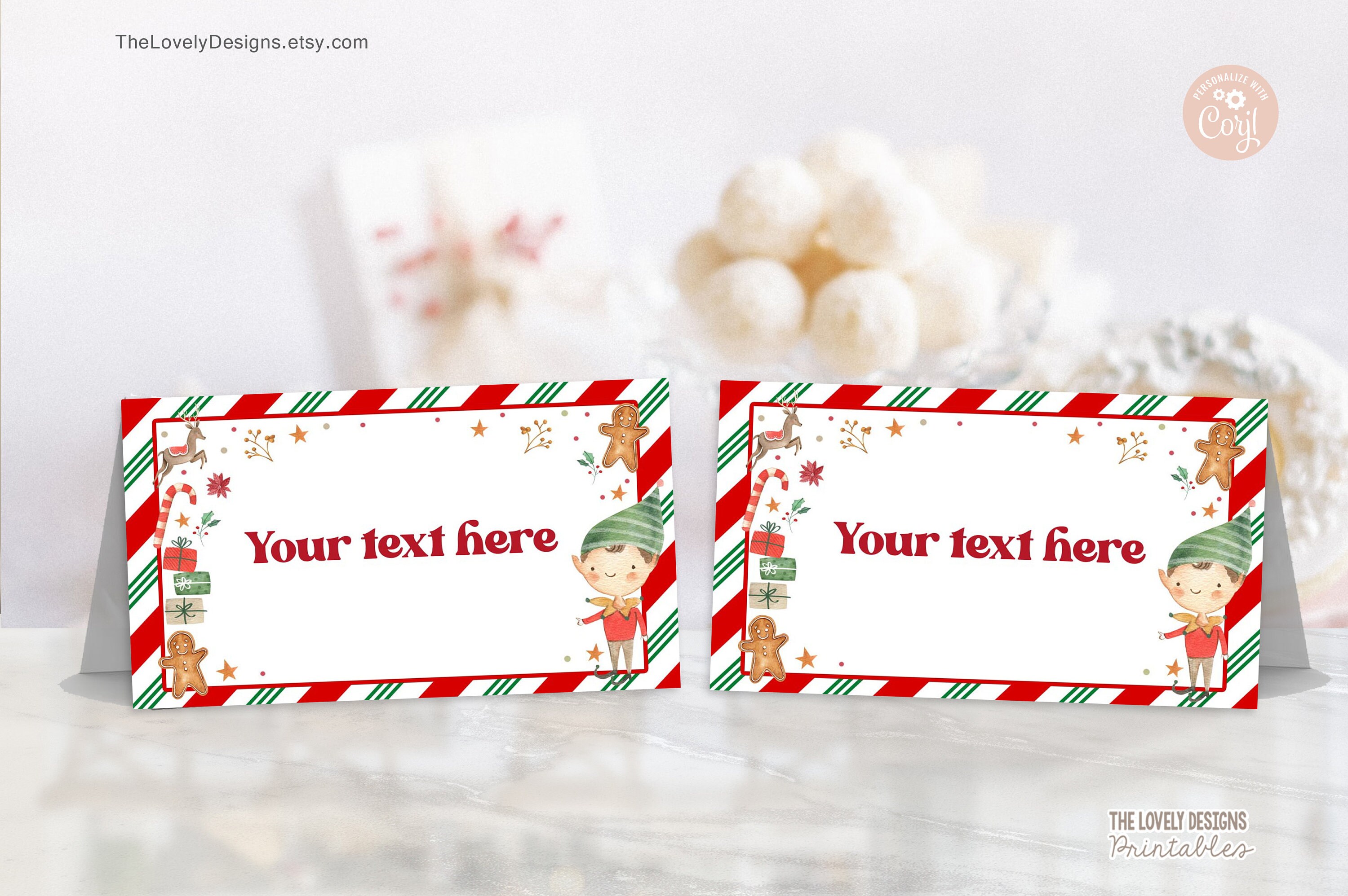 Plantillas editables para tarjetas de lugar navideñas, tarjetas festivas, mesas de cena, asientos, carpas plegables, bufé plegable, etiquetas de comid