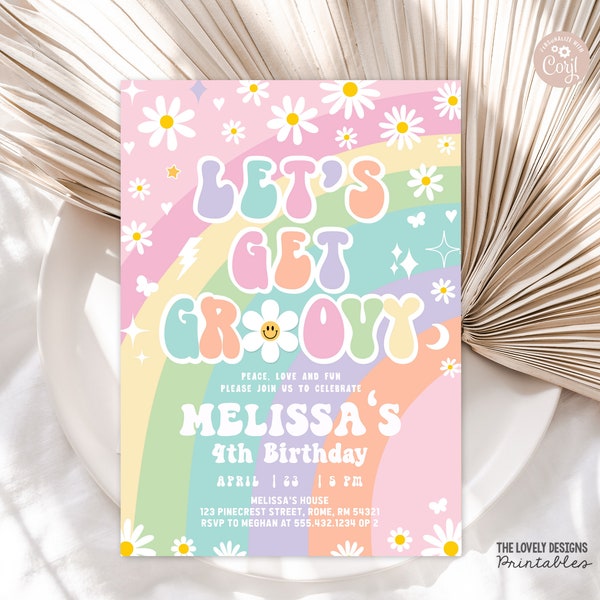 EDITABLE Let's Get Groovy Invitation Daisy Groovy Birthday Invite Rainbow Pink Purple Mint Hippie 70's Party Vibes PRINTABLE DOWNLOAD GRP8