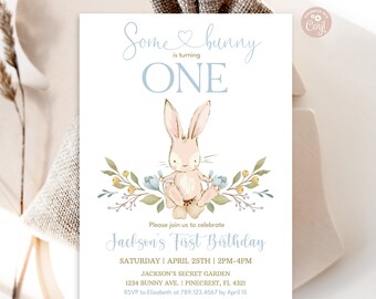 Bunny First Birthday Invitation: Blue Floral, Spring Rabbit (Printable Editable Download)