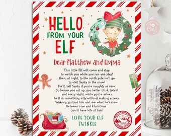 May include: A red and white striped card with a Christmas elf illustration and the text "Hello from your elf" and "Dear Matthew and Emma". The card has a message about a little elf who will come and stay to watch children while they play and then visit Santa at night. The card also has a red and white stamp with the text "From the North Pole Express Delivery".