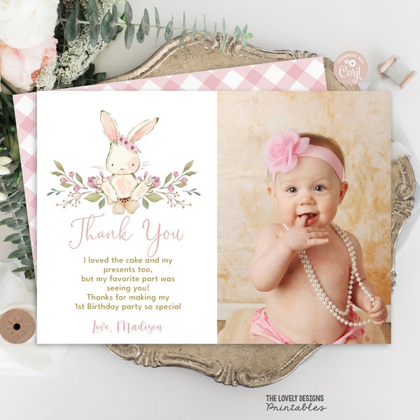 EDITABLE Bunny Thank You Card with photo Bunny Pink Floral Spring Rabbit Easter Bunny Birthday Party Thank you Notes PRINTABLE DOWNLOAD SBF7