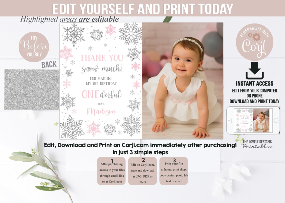 Editable Thank You Snow Much Thank You Card With Photo Winter Birthday ...