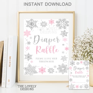 Winter Diaper Raffle Sign Winter Baby Shower Winter Snowflakes Hot Pink Diaper Raffle Tickets Baby It's Cold Outside INSTANT DOWNLOAD SWH5