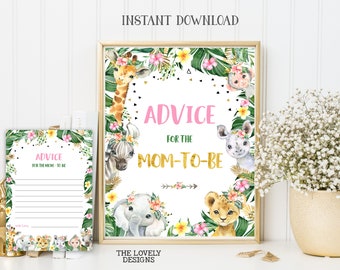 May include: A printable baby shower advice card with a jungle theme. The card features a pink and gold color scheme with a white background. The card has a border of green leaves and flowers. The text on the card reads "Advice for the Mom-to-Be".