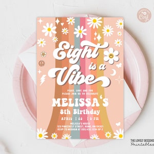 Retro Eight is a Vibe Birthday Invitation: Groovy Daisy Rainbow (Printable Download)